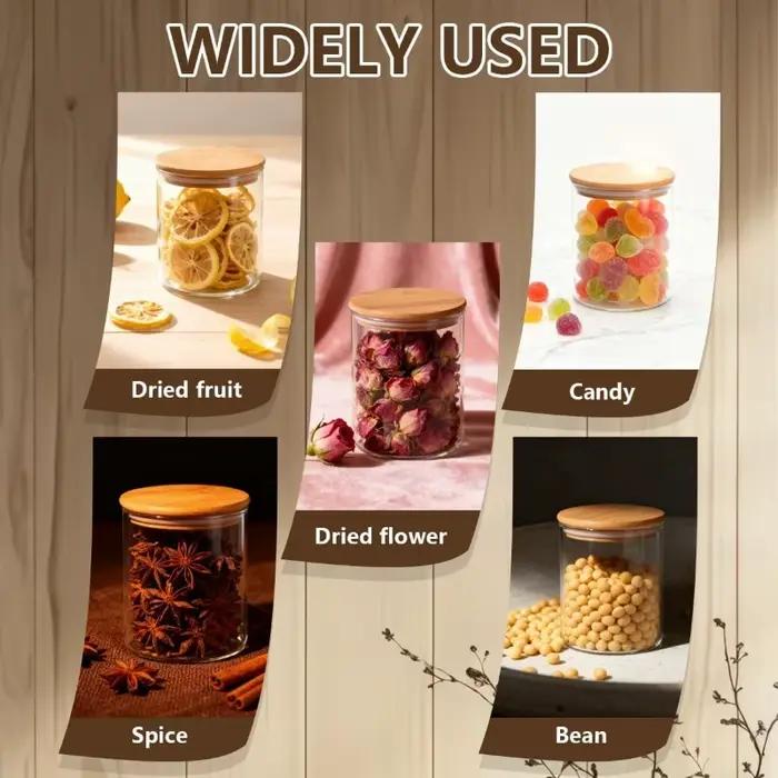 Pot en verre transparent avec couvercle en bois scellé, récipient de stockage alimentaire multifonctionnel, pot de stockage pour thé, bonbons, épices
