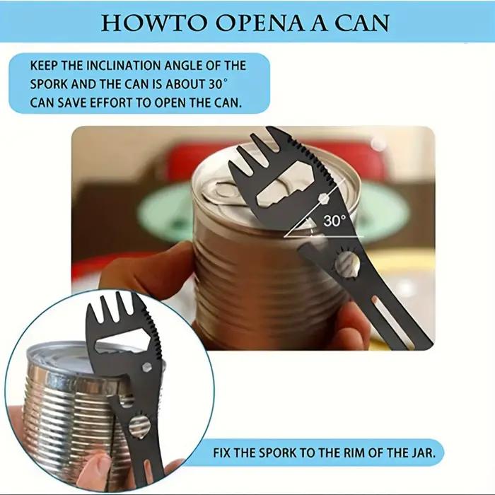 Spork multifonctionnel 10 en 1 : cuillère à ustensile portable en acier inoxydable, ouvre-boîte, couteau dentelé, clé, indicateur de direction