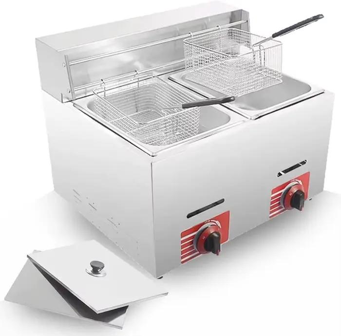 Friteuse professionnelle au gaz GPL avec panier de 8 L et couvercle, en acier inoxydable, à poser sur comptoir, propane/GPL FY71 pour frites, restauration rapide