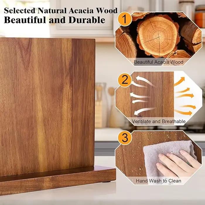 WXCOO Long bloc de couteau magnétique aimants puissants améliorés supports de rangement en bois d'acacia comptoir porte-couteau porte-couteau de cuisine