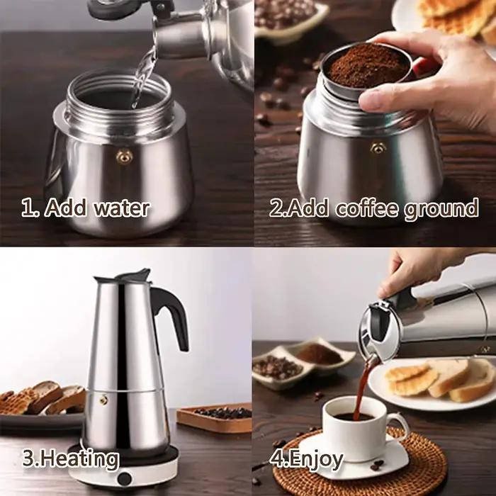Moka Pot Caffè Machine en acier inoxydable pour préparer jusqu'à 9 tasses de café expresso avec couche de crème, pour les matinées familiales, brunchs entre amis ou cadeaux spéciaux