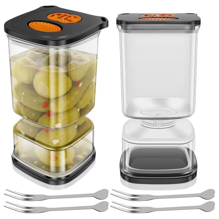 Pot à cornichons Flip Pickle Jar, capacité totale 33,82 oz, transparent, avec fourchette et minuteur, récipient hermétique pour cornichons, olives, oignons, ail