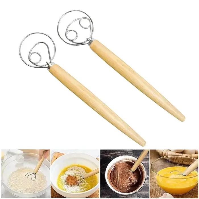 Mélangeur à Pâte Danois en Acier Inoxydable avec Manche en Bois Élégant pour Pain, Gâteaux, Occasions Spéciales à Offrir