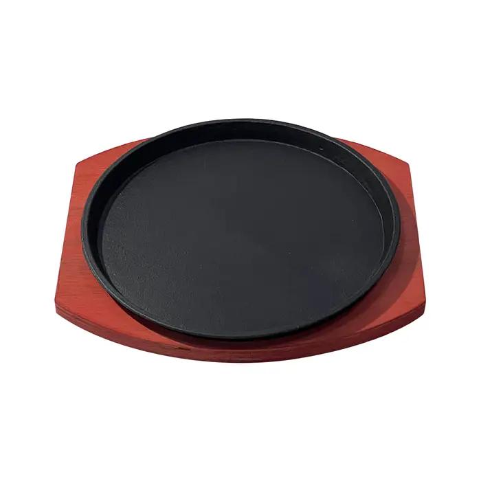 Poêle à griller ronde avec base en bois, assiette en fonte, taille personnelle, restaurant, service, cuisine, ménage