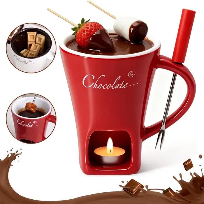 Mug à fondue au chocolat et fromage avec fourchette intégrée pour soirées romantiques et occasions spéciales en céramique haute qualité
