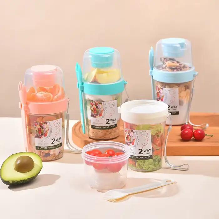 Tasse à salade portable à double couche avec fourchette, céréales, noix, yaourt, ensemble de conteneurs signés, boîte à lunch scolaire, boîte de rangement des aliments