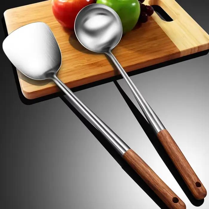 Spatule à poisson en acier inoxydable, poêle à œufs, cuillère antiadhésive, Long manche en bois, pelle plate fendue pour Steak, outil de cuisine