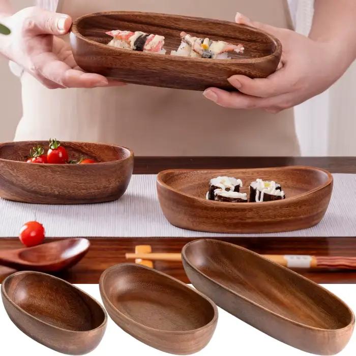 Assiette à Sushi ovale en bois massif en noyer
