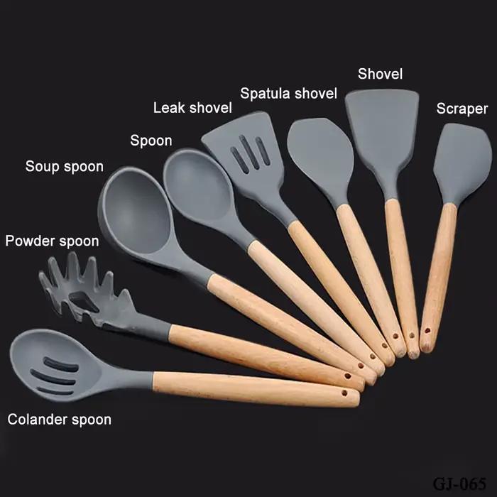 Ensemble d'ustensiles en silicone avec manche en bois pour cuisine et pâtisserie, résistants, respectueux de l'environnement et adaptés pour tous les types d'aliments et de préparation
