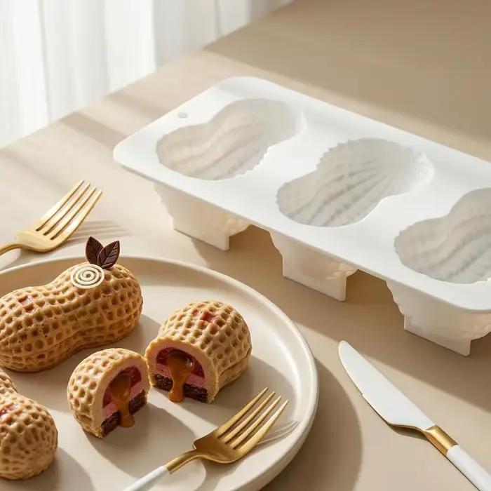 Moule en silicone multi-usage 3 cavités en forme d'arachide pour mousses, gâteaux et pâtisseries