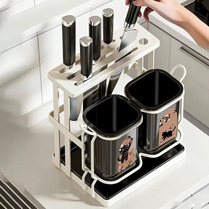 Organisateur d'ustensiles de cuisine et de couteaux en acier au carbone support de rangement 2-en-1 pour comptoir et montage mural blanc et noir multifonctionnel hygiène durable