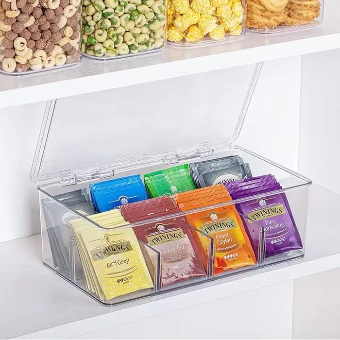 Boîte de rangement de sachets de thé, boîte de rangement multifonctionnelle de bureau avec couvercle, organisateur en acrylique, compartiment de sac à café, boîte de rangement