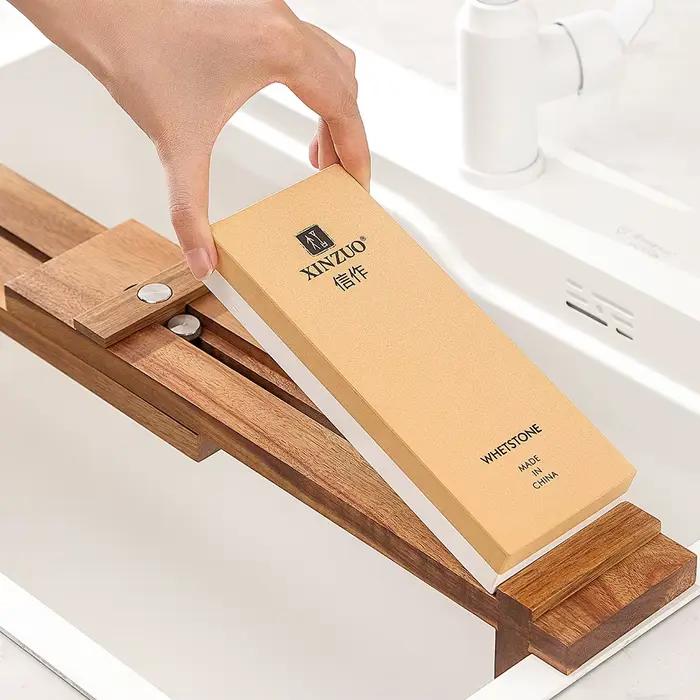 XINZUO support de Base en pierre à aiguiser en bois d'acacia bloc d'affûtage de couteaux solide télescopique réglable pour couteaux de cuisine