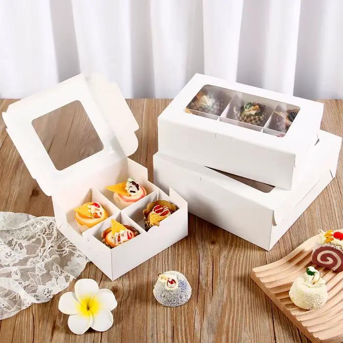 Boîte à brownies à quatre compartiments |   Boîtes de boulangerie marron avec fenêtre et séparateurs pour petits biscuits, charcuterie, produits de cuisson et friandises