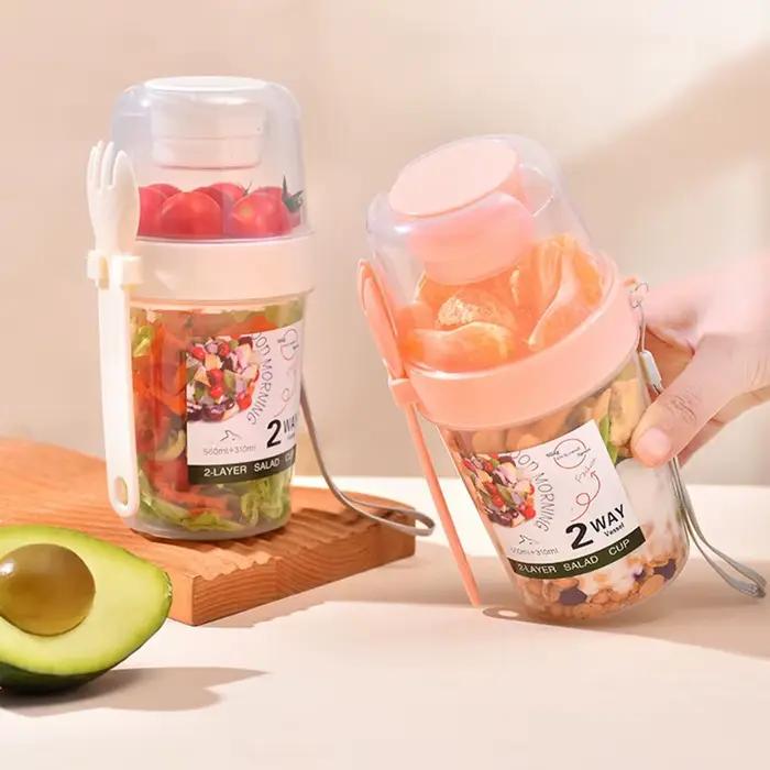 Tasse à salade portable à double couche avec fourchette, céréales, noix, yaourt, ensemble de conteneurs signés, boîte à lunch scolaire, boîte de rangement des aliments