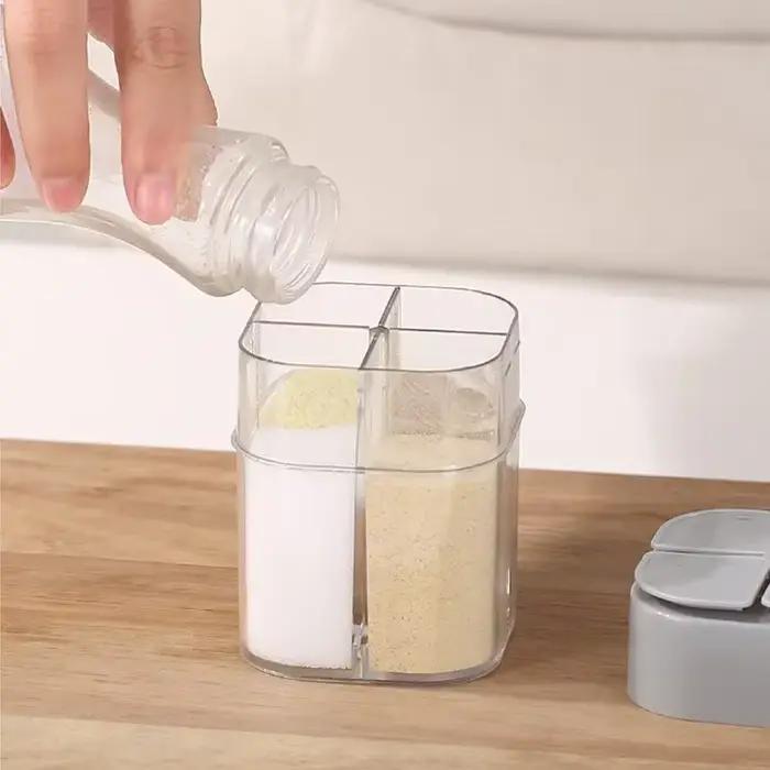 Pot à épices de camping 4-en-1 avec couvercle, distributeur transparent à 4 compartiments pour la cuisine en extérieur, barbecue, sel et poivre