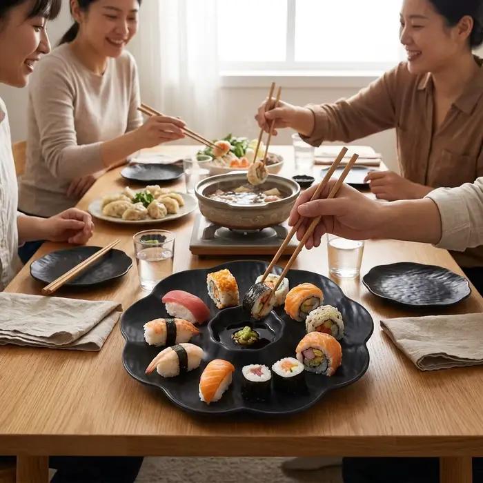 Plateau à dumplings japonais en plastique avec coupelle à sauce