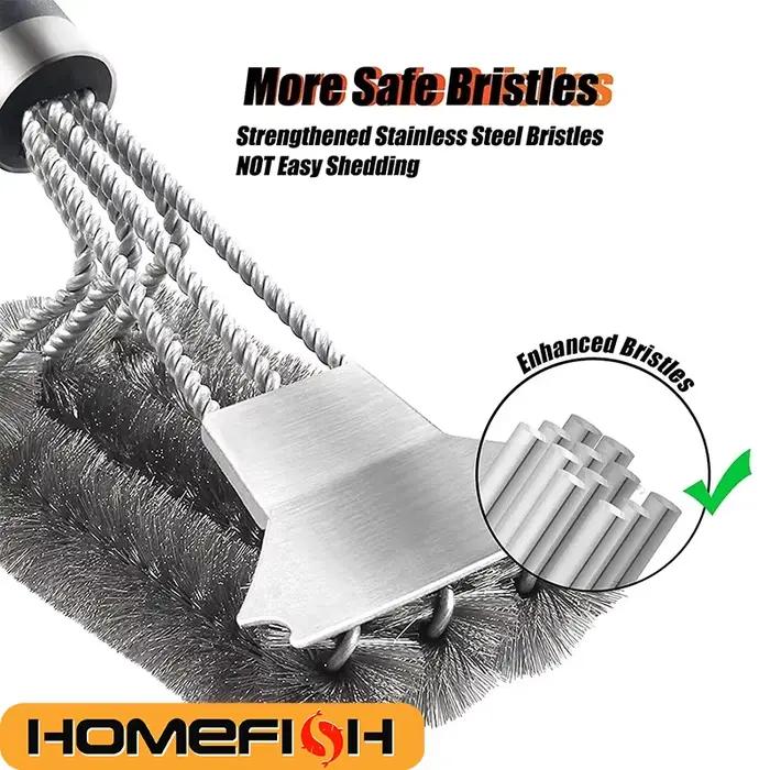 Brosse et grattoir de gril sûrs avec poignée de luxe, brosse de nettoyage de gril, brosse de gril à poils en acier inoxydable