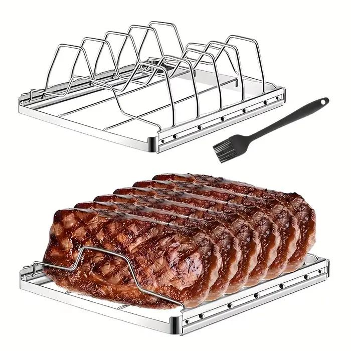 Ensemble de supports à nervures pliables en acier inoxydable pour barbecue 2 pièces avec brosse à huile pour grillades en plein air occasions spéciales et fêtes