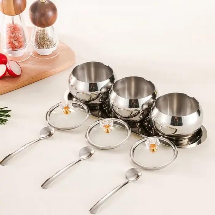 Pots à condiments de cuisine domestique en or et argent, pour servir sucre, poivre, sel, épices, bol à sucre en acier inoxydable avec couvercle et cuillère