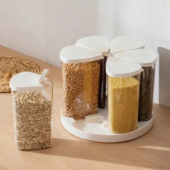 Boîte de rangement pour céréales à six compartiments hermétique anti-poussière rotative anti-humidité anti-insectes pour rangement élégant et efficace de la cuisine
