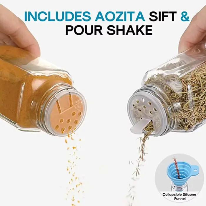 Bouteilles d'épices en verre avec 20 étiquettes à épices, bouchons shaker et bouchons métalliques scellés, comprend un entonnoir pliable en silicone, 12 sept bouteilles
