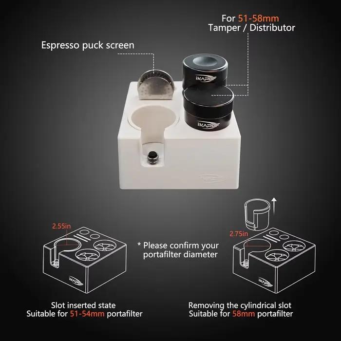 IKAPE Boîte à Expresso 7-en-1 51/54/58MM, Organisateur de Rangement pour Accessoires de Café, Boîte à Outils Universelle pour Bar à Expresso Noir/Blanc