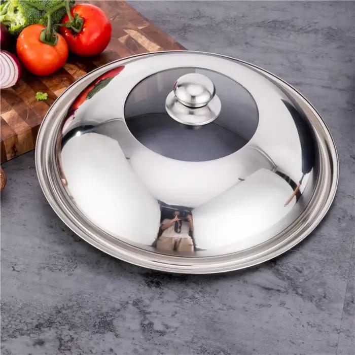 Couvercle visible en verre antidéflagrant, couvercle en acier inoxydable non magnétique de qualité alimentaire, poêle à frire, grand couvercle à fond plat 30CM-40CM.