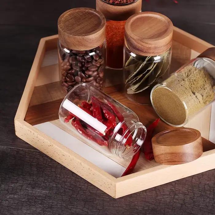 Bocaux de stockage des aliments en verre avec couvercles hermétiques en bois d'acacia à vis