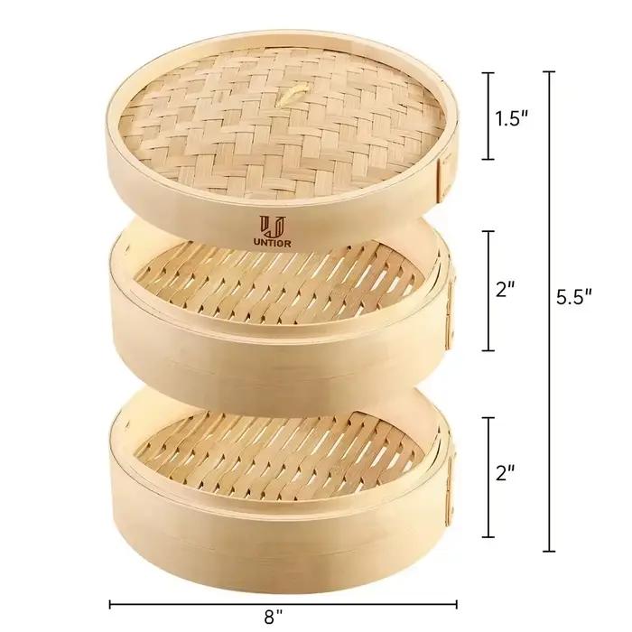 Cuiseur vapeur alimentaire en bambou de 10 pouces avec couvercle, bambou 100% naturel, panier vapeur pour la cuisson des boulettes, Dim Sum, légumes, viande de poisson