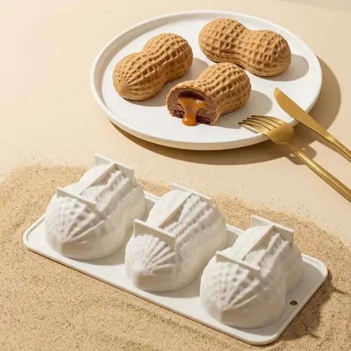 Moule en silicone multi-usage 3 cavités en forme d'arachide pour mousses, gâteaux et pâtisseries