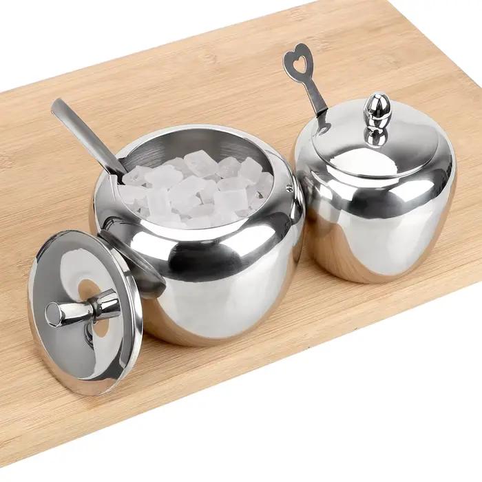 Sucrier à pommes, Pot d'assaisonnement, accessoires de cuisine avec couvercle et cuillère, Pot à condiments, récipient à épices, vaisselle en acier inoxydable