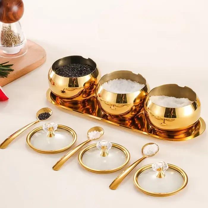 Pots à condiments de cuisine domestique en or et argent, pour servir sucre, poivre, sel, épices, bol à sucre en acier inoxydable avec couvercle et cuillère