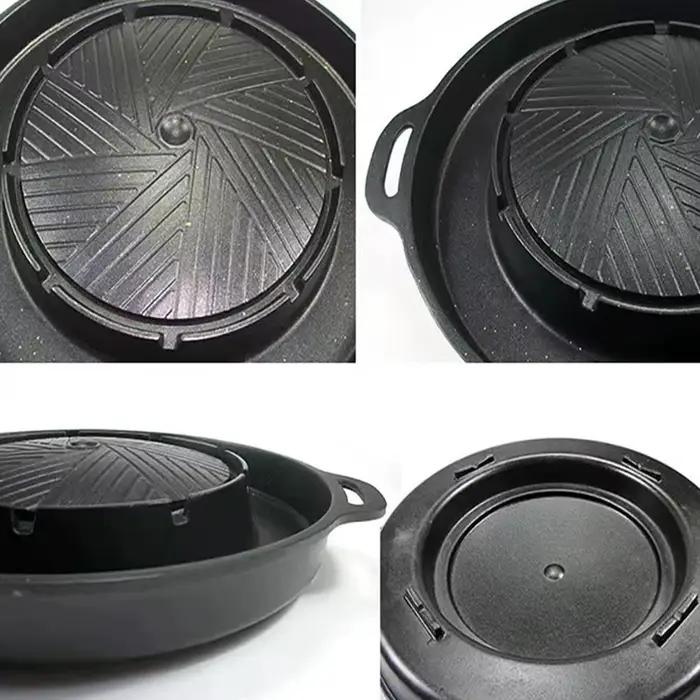 Poêle à Cassette coréenne antiadhésive en alliage d'aluminium, poêle ronde Shabu grillée, marmite avec conception de fuite d'huile pour Camping barbecue