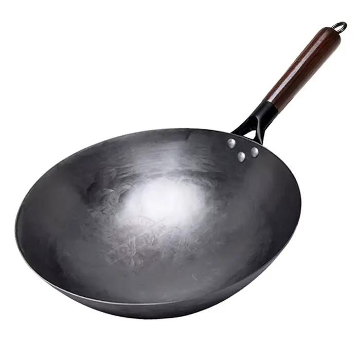 Wok en fer 32/34/36cm, Wok traditionnel sans revêtement forgé à la main avec manche en bois détachable