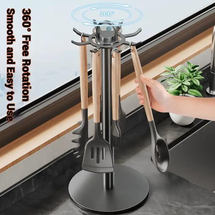 Support de rangement rotatif pour ustensiles de cuisine en métal avec 8 crochets pour organisation du comptoir et utilisation multiple occasions spéciales