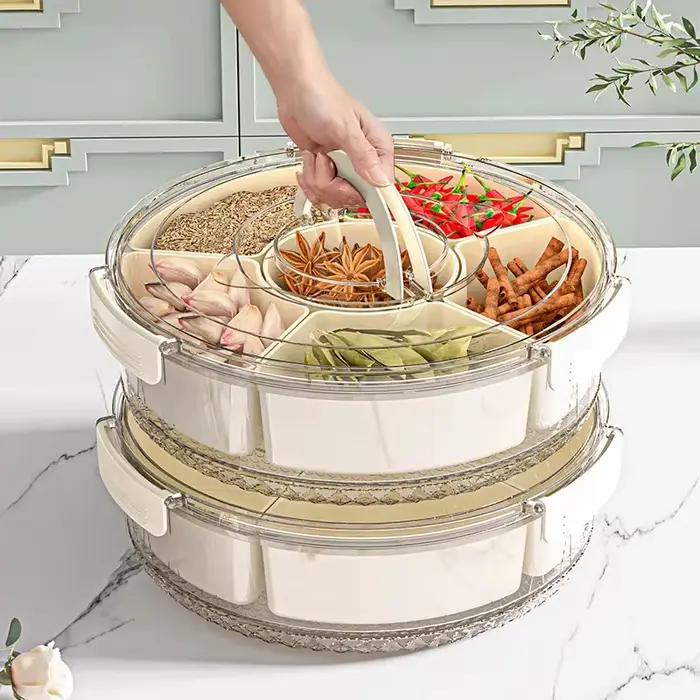 Plateau de stockage des aliments rotatif à 5 compartiments, avec poignée de couvercle, récipient de fruits secs, collation et légumes, plat de service de cuisine domestique