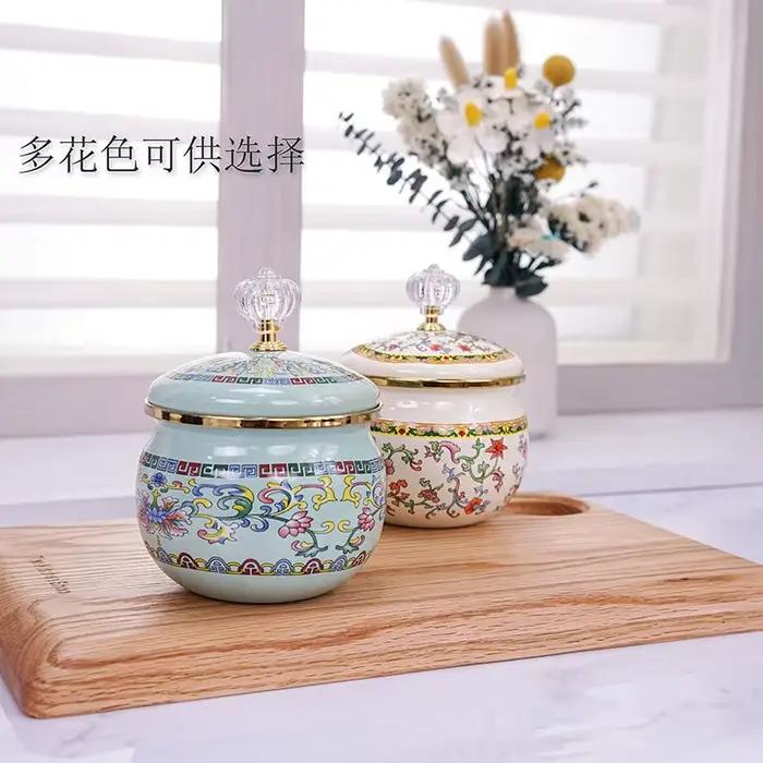 Pot de rangement en émail pour cuisine, stockage d'épices rond européen vintage, sans couches de figures