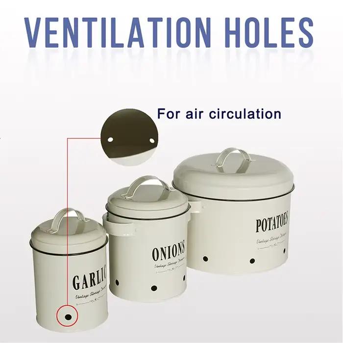 3 Ensembles de Contenants de Rangement en Métal avec Couvercles pour Pommes de Terre, Oignons, Ail – Organiseur de Comptoir pour Cuisine et Garde-Manger
