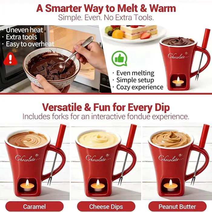 Mug à fondue au chocolat et fromage avec fourchette intégrée pour soirées romantiques et occasions spéciales en céramique haute qualité