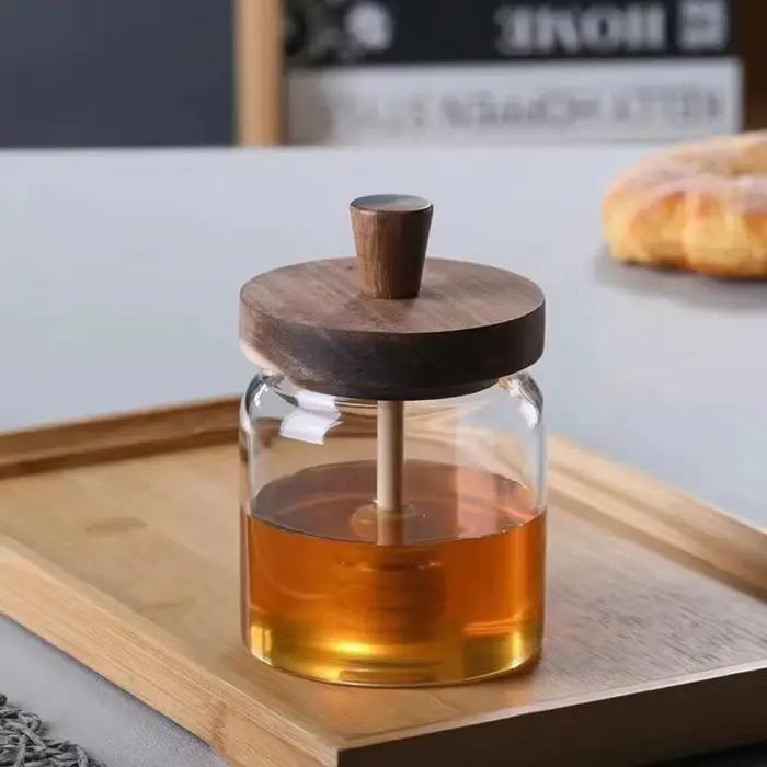 Bouteilles de stockage en verre à large ouverture avec cuillère et couvercle - Pots à miel et distributeurs de sirop