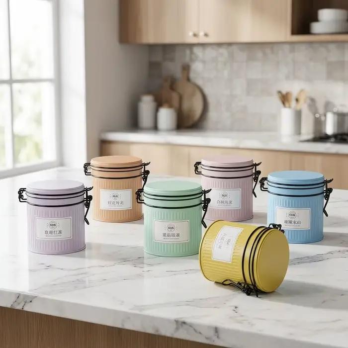 Boîte à thé multifonctionnelle en fer blanc avec couvercle rabattable, pot de rangement pour thé, boîte à café, pot à bonbons hermétique, idéale pour les voyages et les occasions spéciales