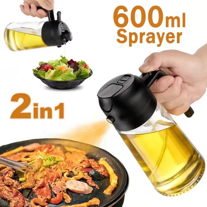 Bouteille d'huile en verre, double usage pulvérisation et versement, 600 ml, résistante aux hautes températures et anti-fuite, pulvérisation uniforme, idéale pour les salades