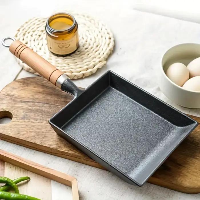 Poêle à frire Tamagoyaki antiadhésive noire pour œufs et crêpes, avec couvercle, compatible gaz et induction, en fonte japonaise