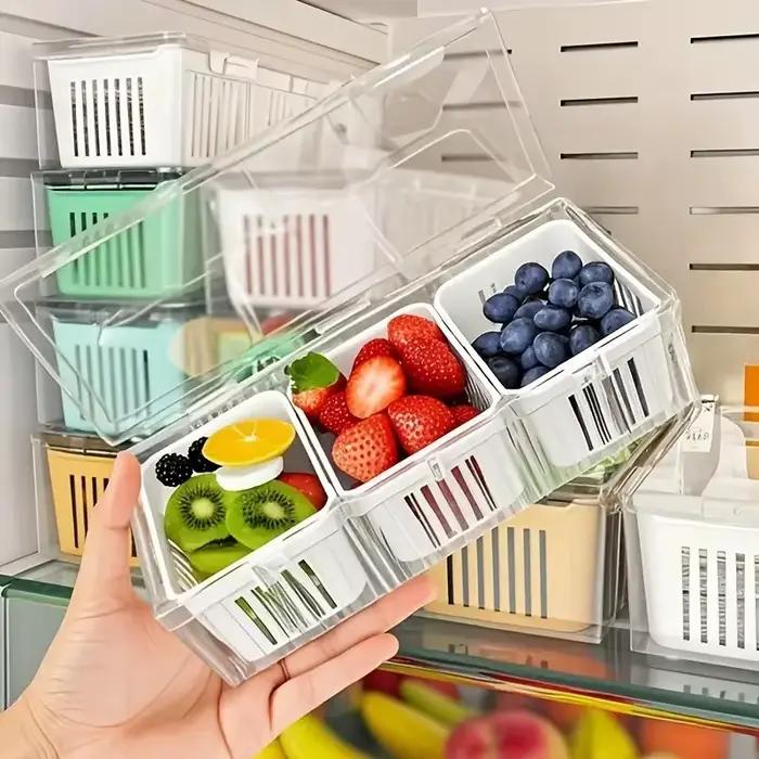 Ensemble de récipients de stockage des aliments compartiments carrés transparents pour réfrigérateur fruits légumes salades et boîtes à condiments Blanc Jaune Vert