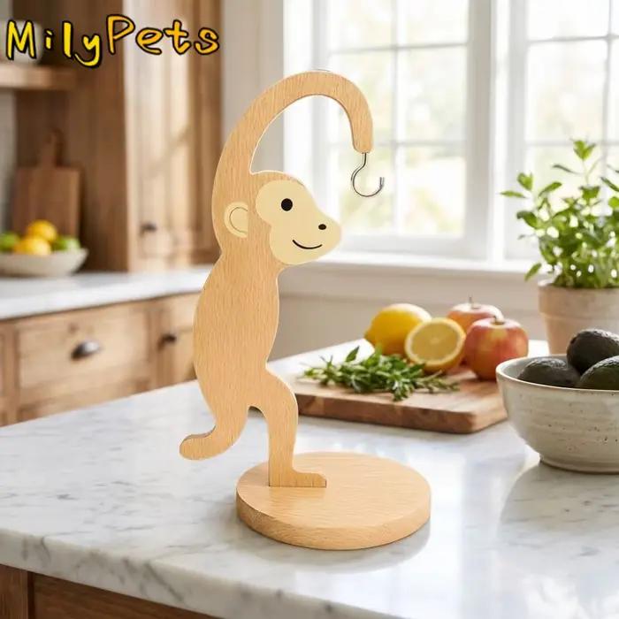 Support à bananes en bois avec crochet en acier inoxydable, forme singe, pour maintenir les bananes fraîches et un accrochage fluide