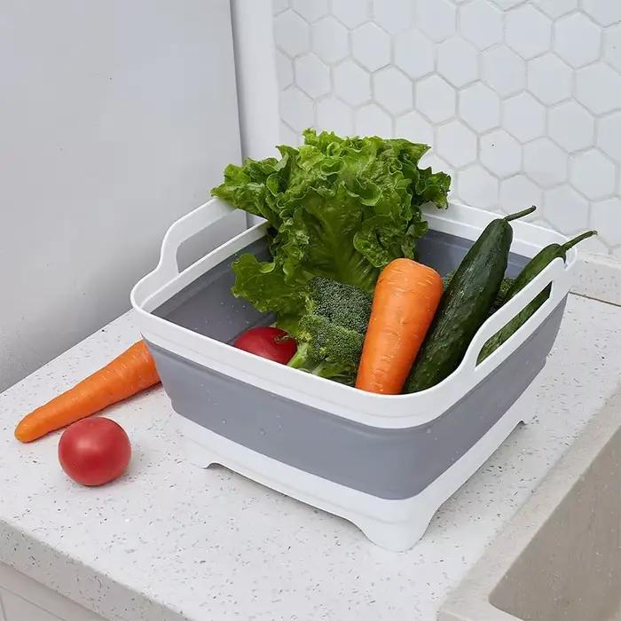 Lavabo à légumes pliable en plastique de 9 litres avec bouchon de vidange pour le stockage des plats, le lavage des légumes et des fruits, seau froid