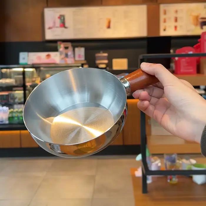 Casserole à lait en acier inoxydable avec poignée en bois – Casserole compacte pour réchauffer le lait et faire frire les œufs