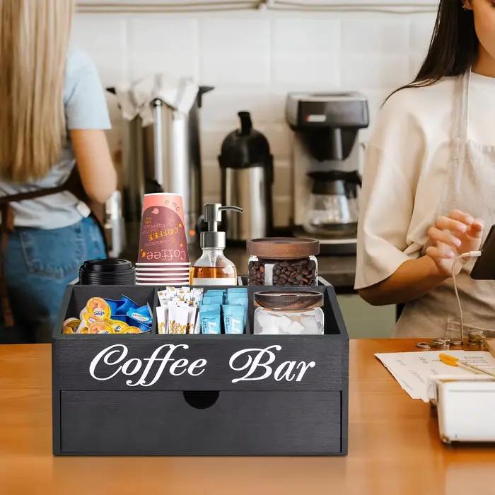 Boîte de rangement en bois pour sachets de café, organisateur d'accessoires de bar à café à double couche avec tiroirs, décoration rustique pour comptoir de bar à café