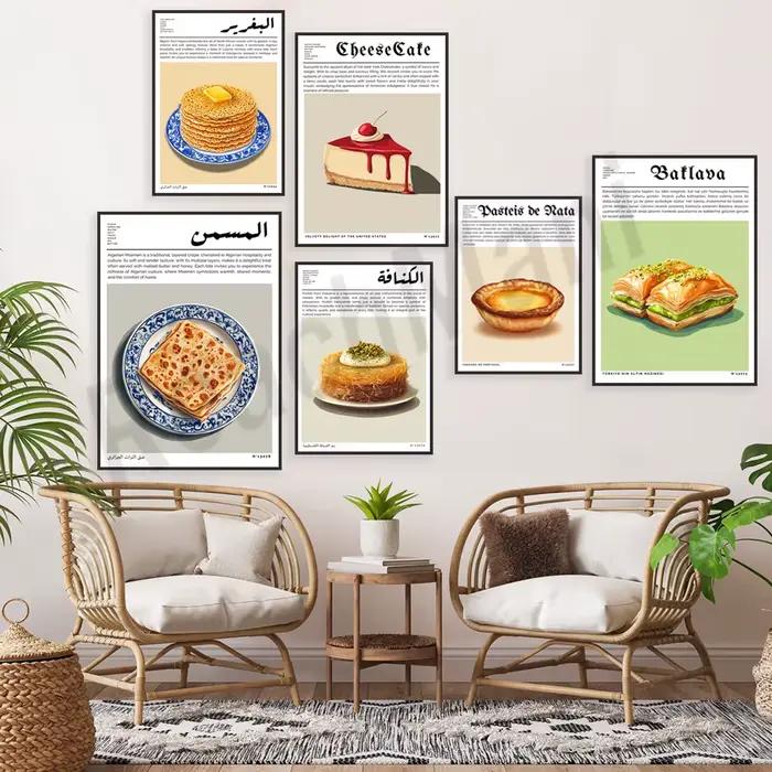 Baklava turque, tarte aux œufs portugais, croissant français, cheesecake américain, algérie, impression de voyage du moyen-orient, affiche de cuisine